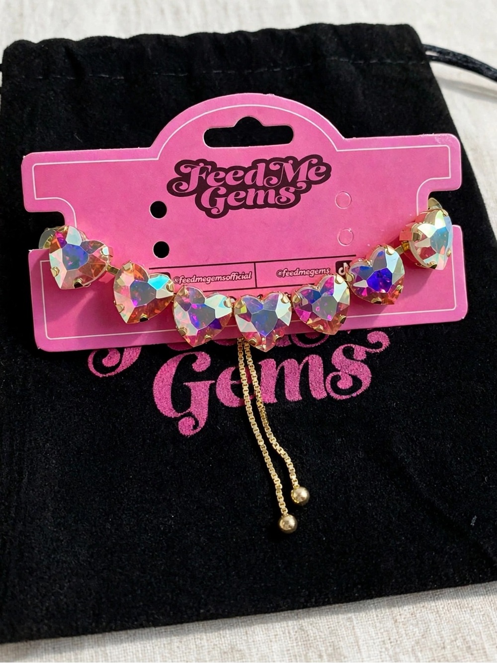 Feed Me Gems Iridescent Heart Crystal Bracelet Gold Adjustable NWT